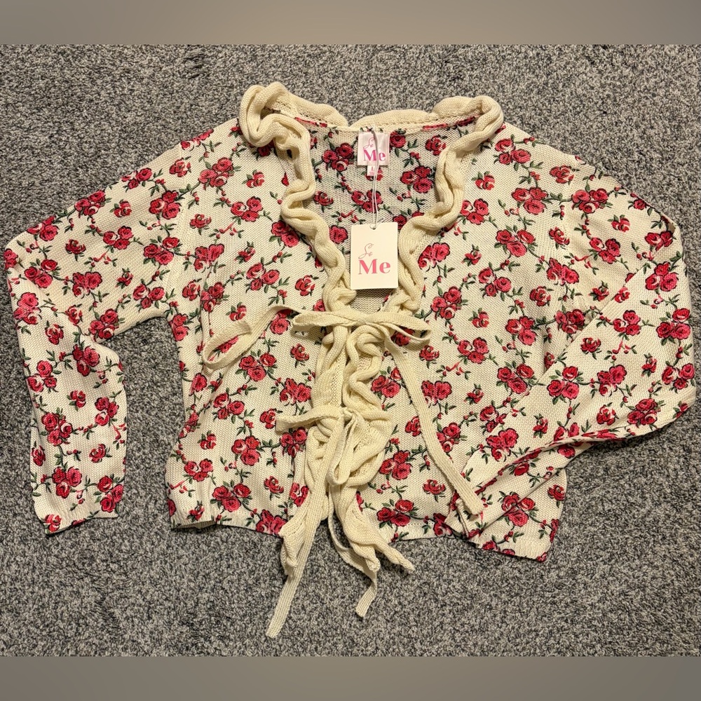 HUGE PRICE DROP on Cream Lace-Up Knit Top with Red Rose Floral Print